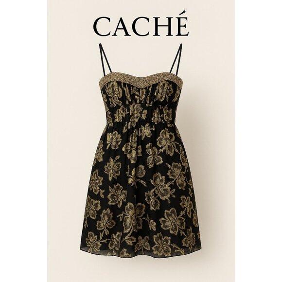 Cache Strapless Cocktail Dress Womens 4 Black Gold Floral Brocade Sequin Silk Pa - Picture 1 of 12